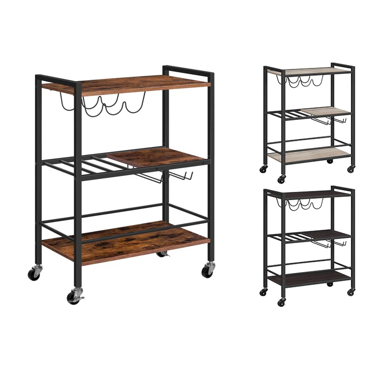 Wholesale 3 Tier Bar Cart Kitchen Serving Trolley Storage Rack Shelf with Wheels Wooden Rolling Cart for Dining Room