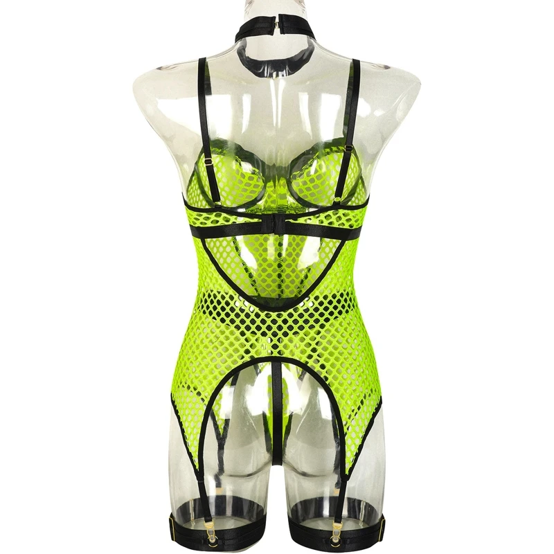 High Quality Womens See Through Fishnet Lingerie Set High Cut T Back