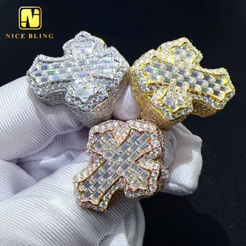 Fully iced out baguette diamond rings fashion hip hop cross ring gra certified moissanite jewelry for men