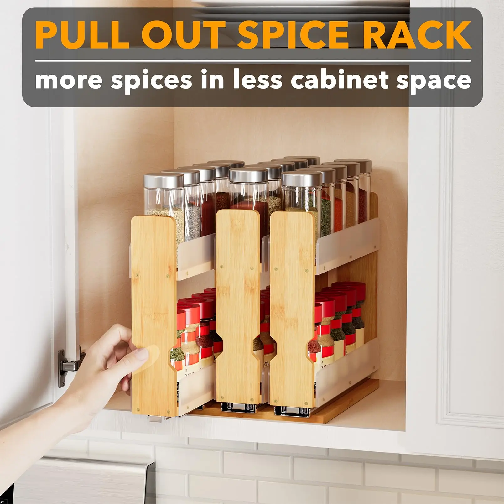 product bamboo pull out spice rack 3 drawers 2 tier eco friendly kitchen seasoning cabinet organizer space saving storage for kitchen494-2