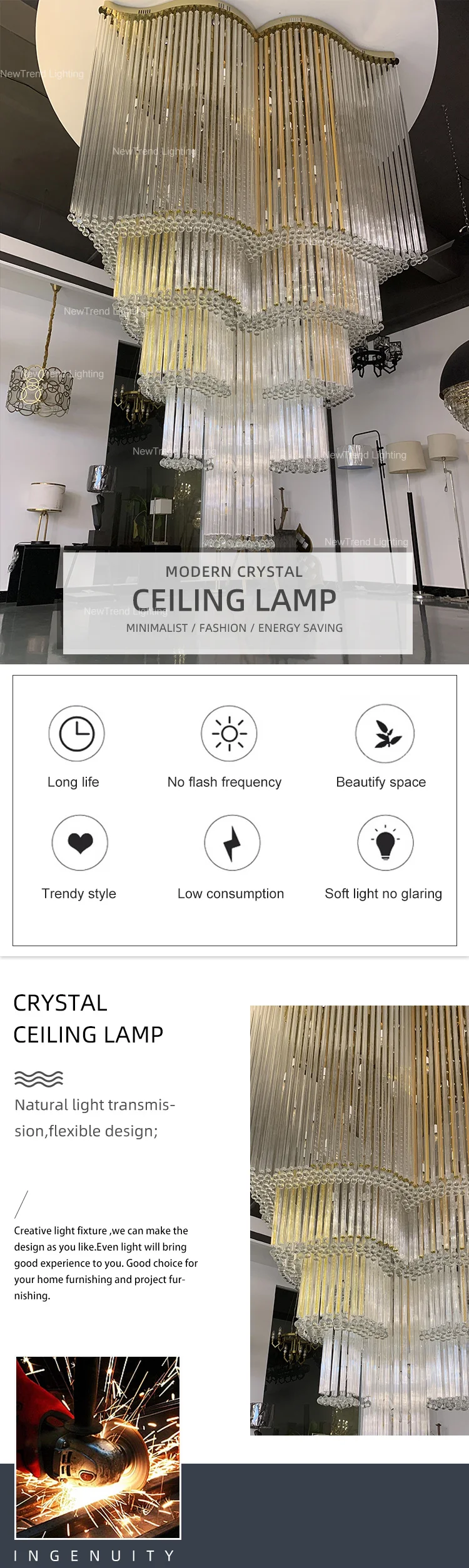 CPL-196 Luxury Style Indoor Decoration Hotel Villa Staircase Lobby Hall Crystal LED Ceiling Chandelier manufacture