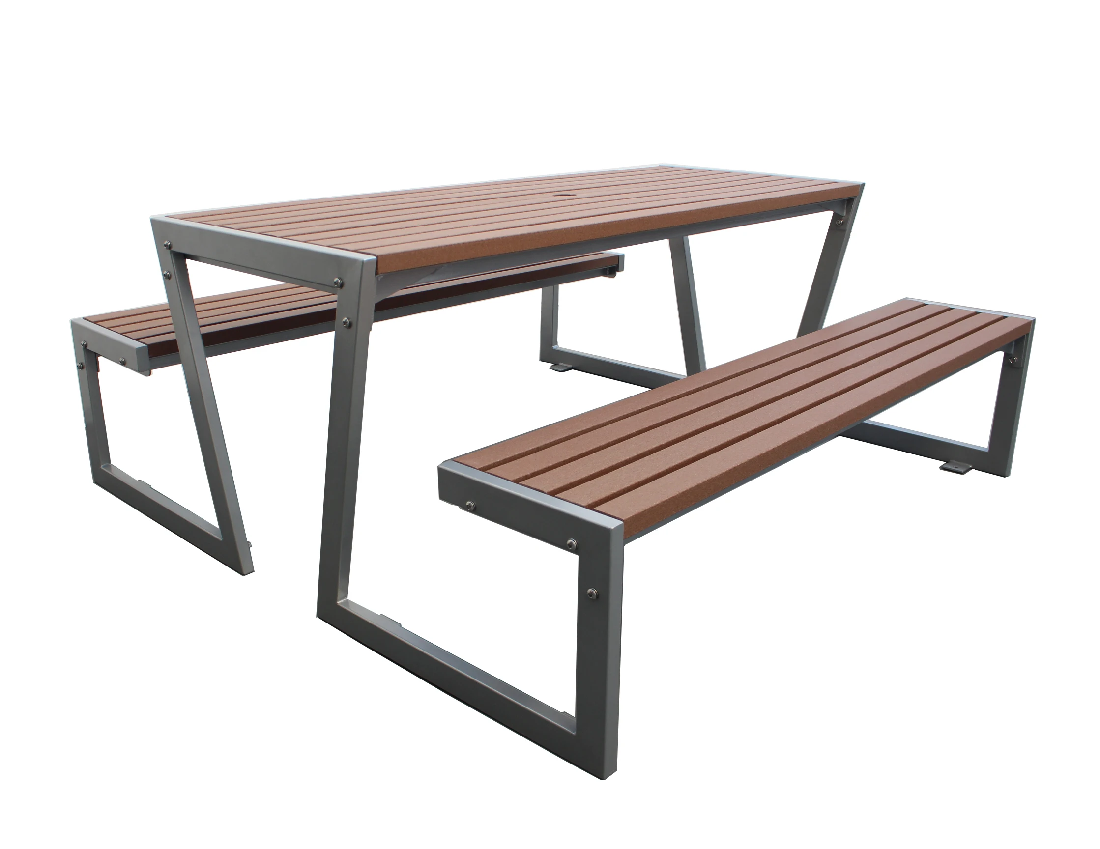 metal picnic table with attached benches