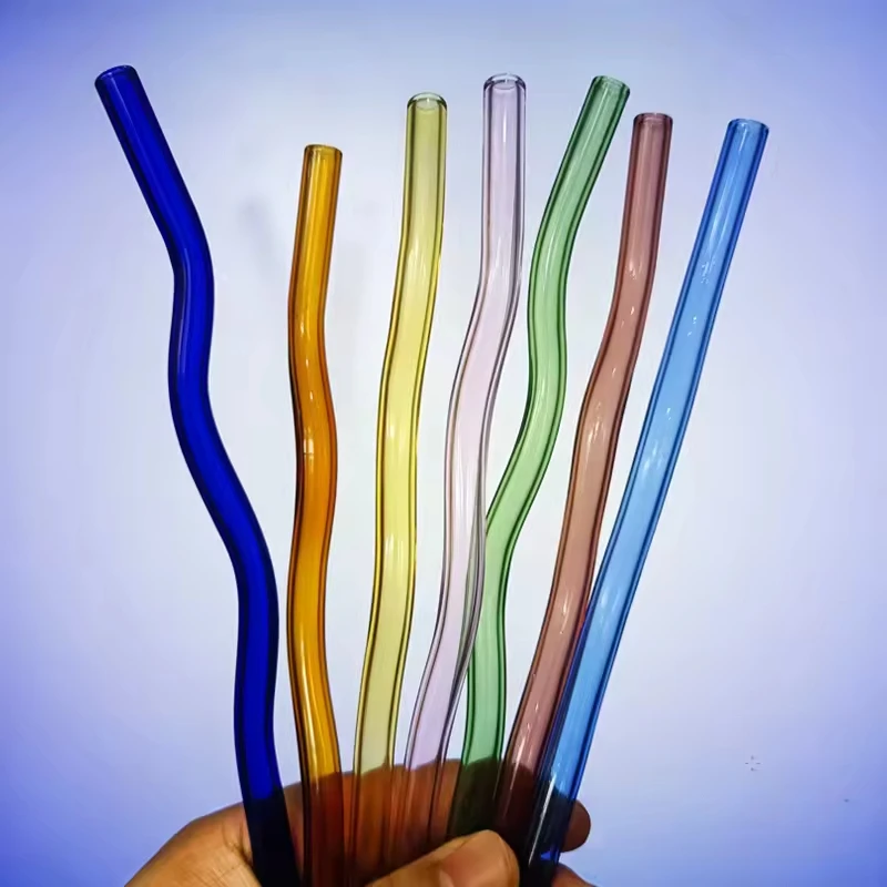 Hot sale Multi-color Reusable kitchen accessories wavy glass straws Glass Drinking Straw Bent Wave Straw for Smoothies Milkshake