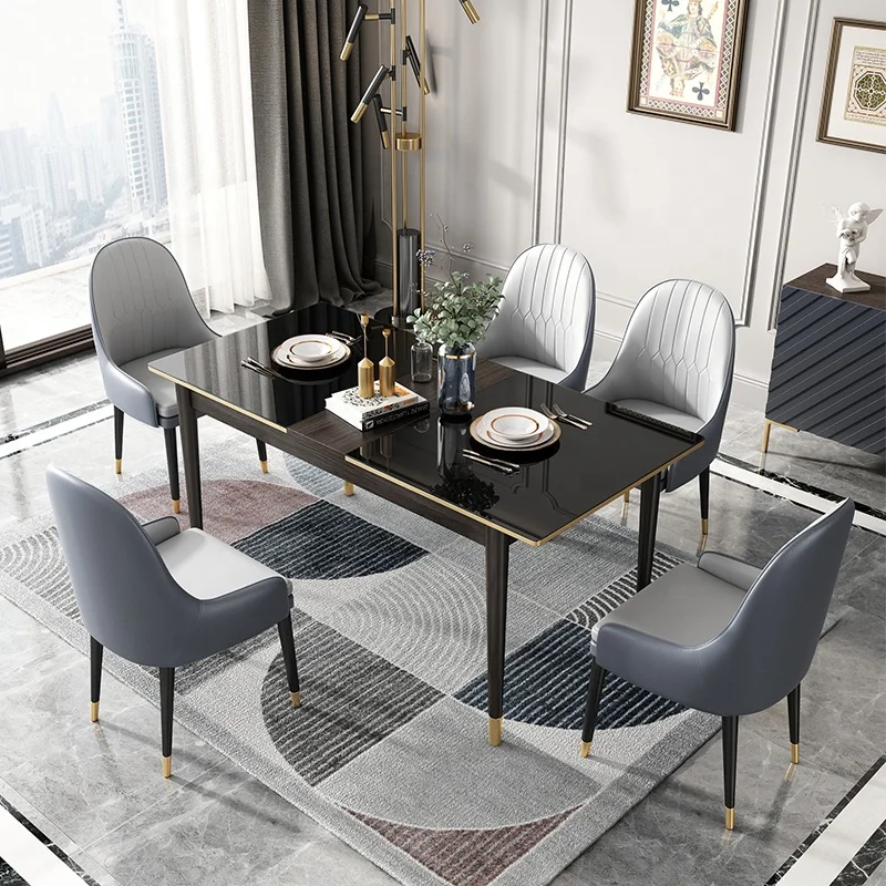 Unique Style Dining Room Furniture Modern Glossy Desktop Black Luxury Retractable Dining Table Set