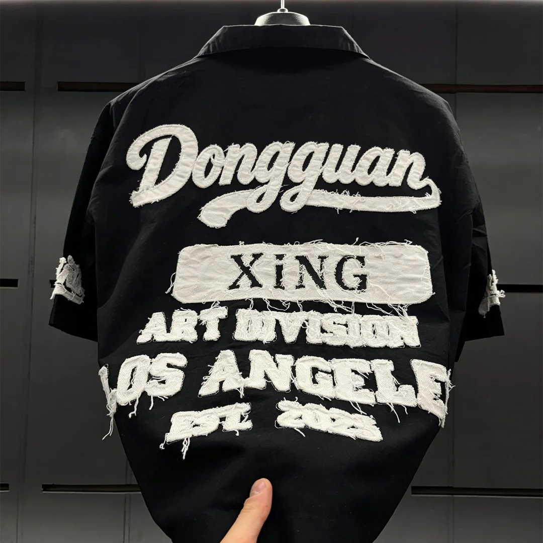 product custom loose short sleeve black shirt with frayed applique embroidery letters vintage apparel manufacturer-5