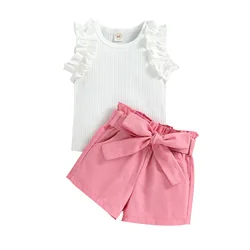 Fashion kids baby girls clothes sets summer children girls clothing suits solid ruffle sleeve tops shorts with belt