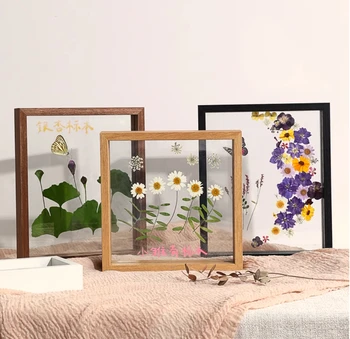 8*8 Inch Dried Flower Display Stand Decorative Floating Photo Frame Double Sided Wooden Shadow Box Picture Frame with HD Glass