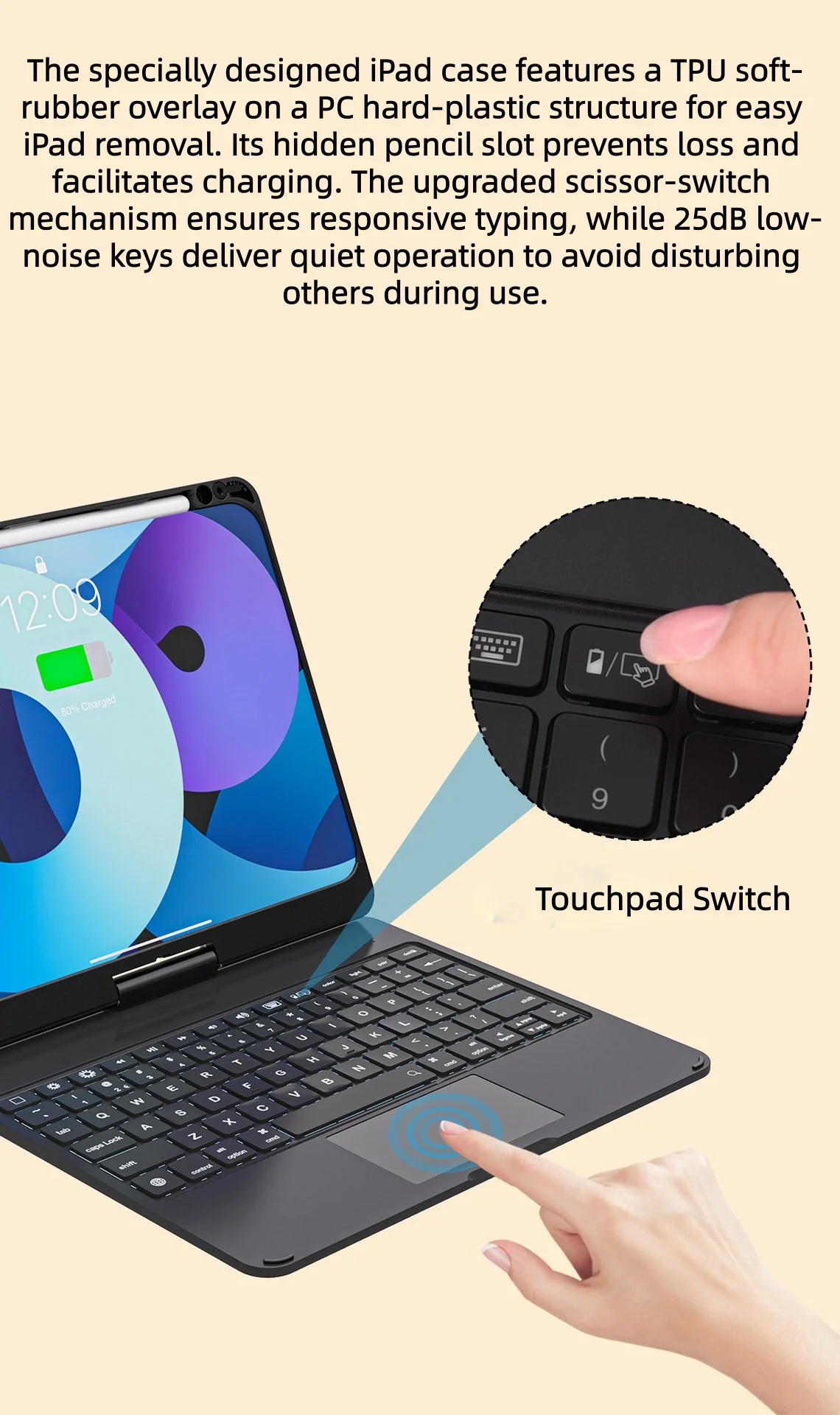 product magic keyboard case transparent rotating backlit detachable hidden pen slot bluetooth connectivity type c charging 11 laudtec-8
