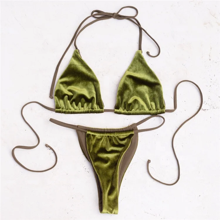 Fashion Sexy Bikini Solid Swimsuit Velvet String Triangle Bikini Set Women Halter Swimwear Thong Brazilian Bikinis