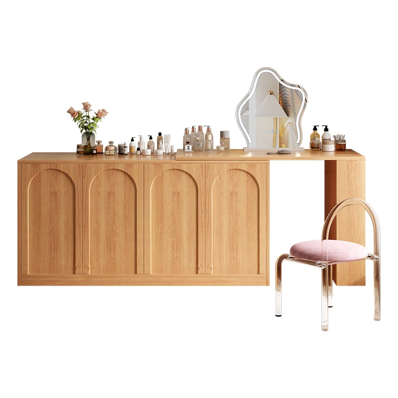 Modern dressing table White Oak Wooden Makeup Vanities for Bedroom with Chair and Hidden Drawer