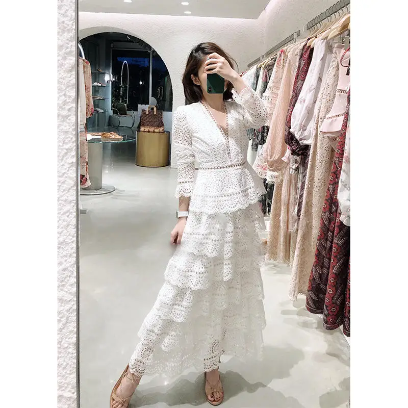 Spring New Style Fashion Women White Lace Long Dress Sexy V Neck Flare Sleeve Tiered Ruffled Sexy Party Casual Dress