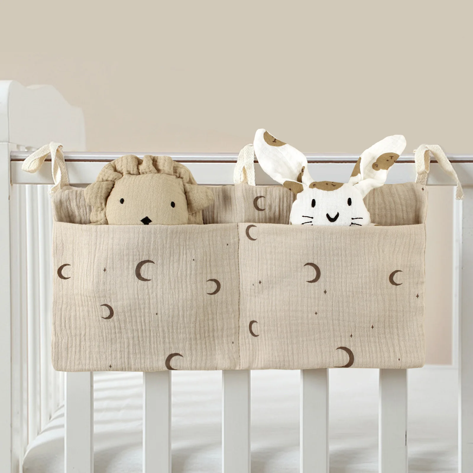 Muslin Cotton Double Pocket Baby Nursery Essentials Bedding Crib Organizer Hanging Diaper Storage Bag for Clothing Diapers Toys