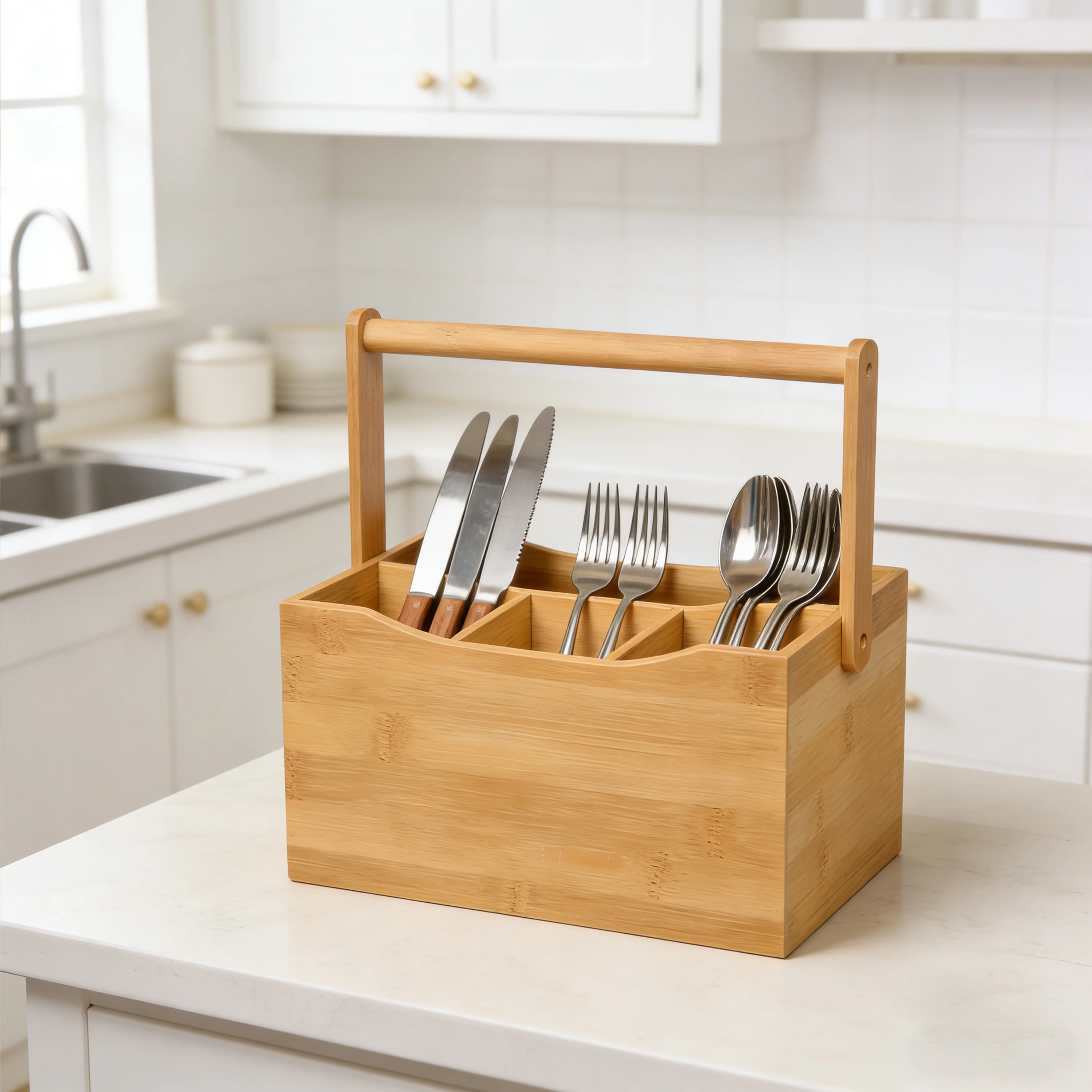 product bamboo utensil caddy with handle silverware holder for kitchen drawer counter flatware organizer for rustic home storage-4