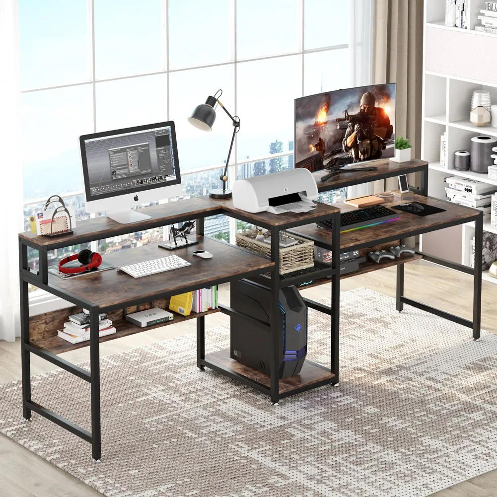 Tribesigns 94.5 inch Double Computer Desk with Storage Shelf Large Two Persons Office Desk Study Writing Table