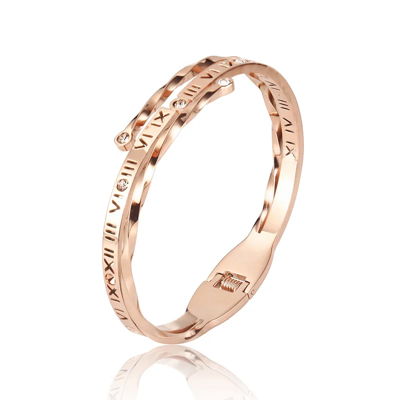 Roman numeral titanium steel open mouth women's Bracelet Stainless steel rose gold bracelet couple gift