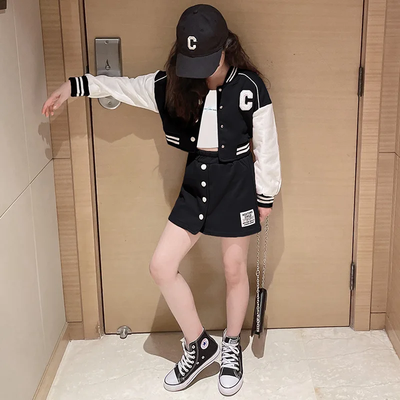 Teen Girls Clothing 5 to 14 Years Spring Junior Girls Loungewear Suit Baseball Uniform Jacket Coat + Pleated Skirt Outfit Set