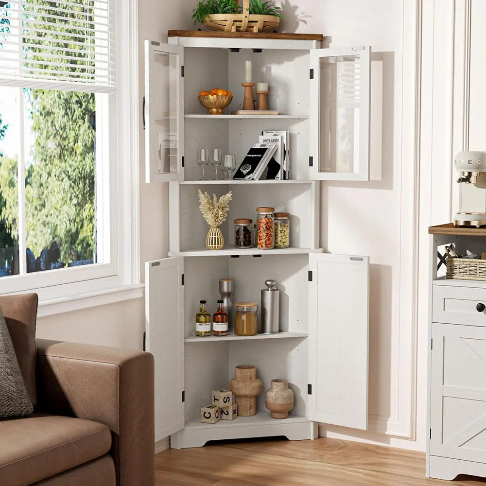 67''H Tall Corner Cabinet with 4 Tempered Glass Doors Farmhouse Storage Cabinet 5 Adjustable Shelves Home Pantry Hutch Kitchen supplier