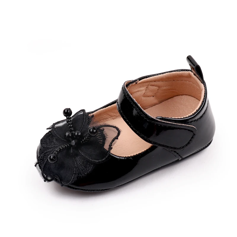 Solid Color PU Leather Veil Quality Flowers Pearl Stamen Elegant Princess Toddler Shoes for Baby Girls details