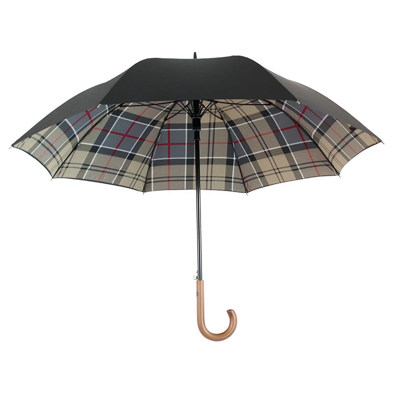 WHY397 Wooden Handle Double Layer Grid Umbrella Reinforcement Wind Resistant Business Gift Automation Umbrella