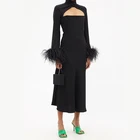Ostrich Feathers Cuffs High Crossover Neckline Women Sexy Slim Fit Bodycon Evening Party Dresses Casual Dress