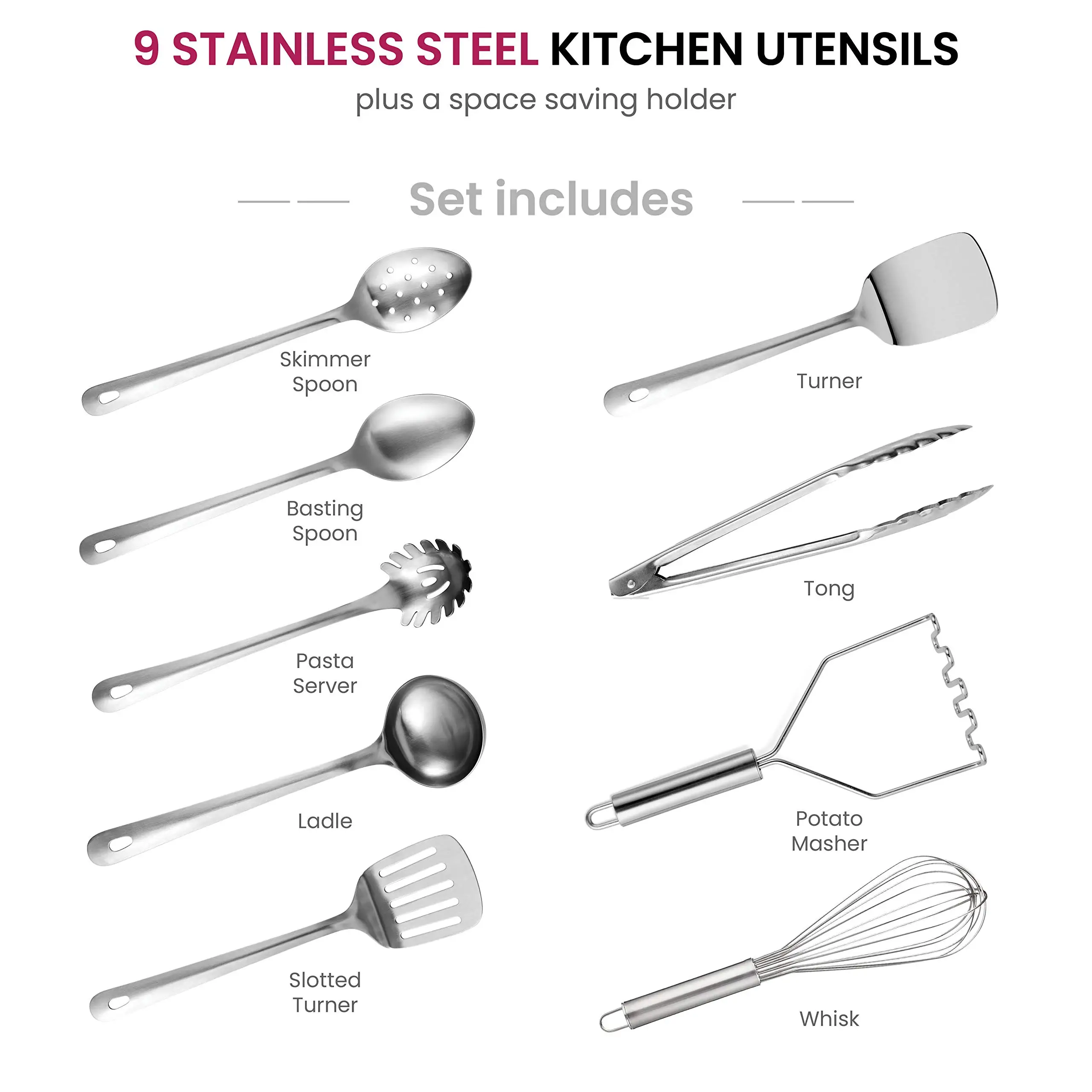 High Quality Heat Resistant Nostick Durable 10pcs  Kitchen Utensils Set Turner Ladle Whisk Tongs and Holder