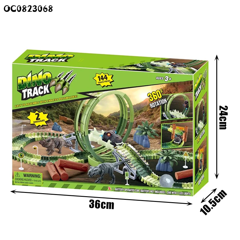 Kids adventure electric slot toys boys race track dinosaur car set with pvc dinosaur