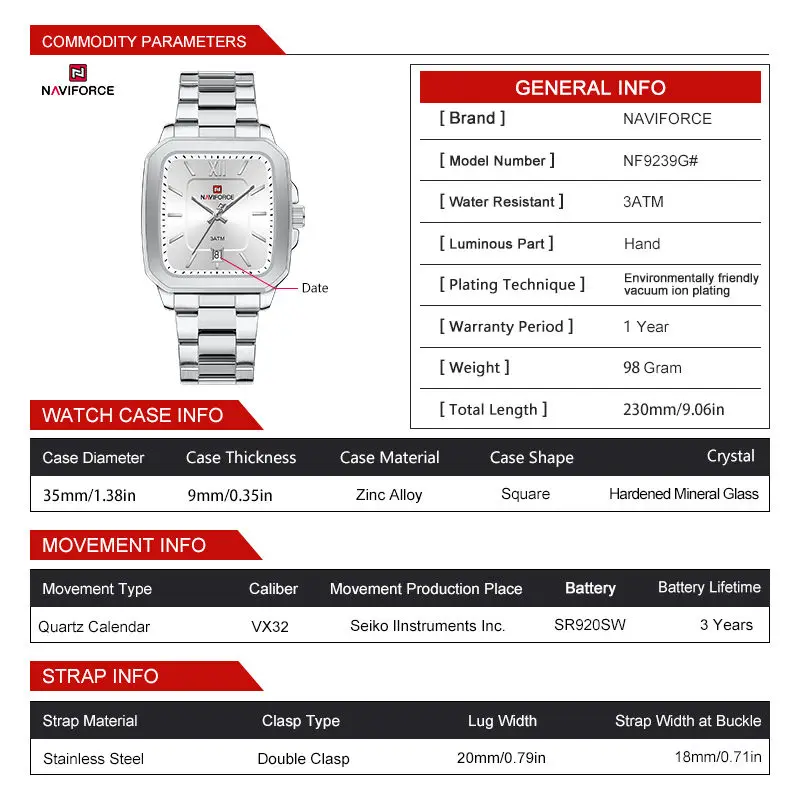 NAVIFORCE 9239 High Quality Men Women Quartz Watch Stainless Steel Strap Casual Square Waterproof Wristwatch Relogio Feminino