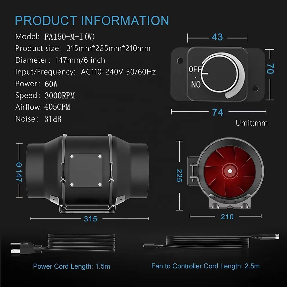 Inline Fan, 405, CFM, IP44, Waterproof - detail 6