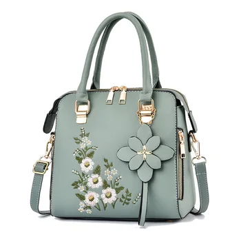 Cute Big Fashion Bag, Shoulder Ladies Blue Floral Embroidery Designs Famous Brands Leather Womens Hand Bags/