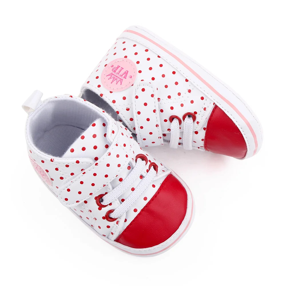Color Matching High Top Round Polka-dot Soft Sole Non-slip Baby PU Casual Toddler Shoes supplier