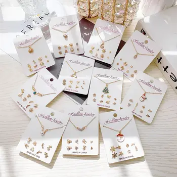 Crystal Rhinestone Elk Heart Snowman Moon Pendant Necklace Earrings 5 Piece Set Paper Card Jewelry Set