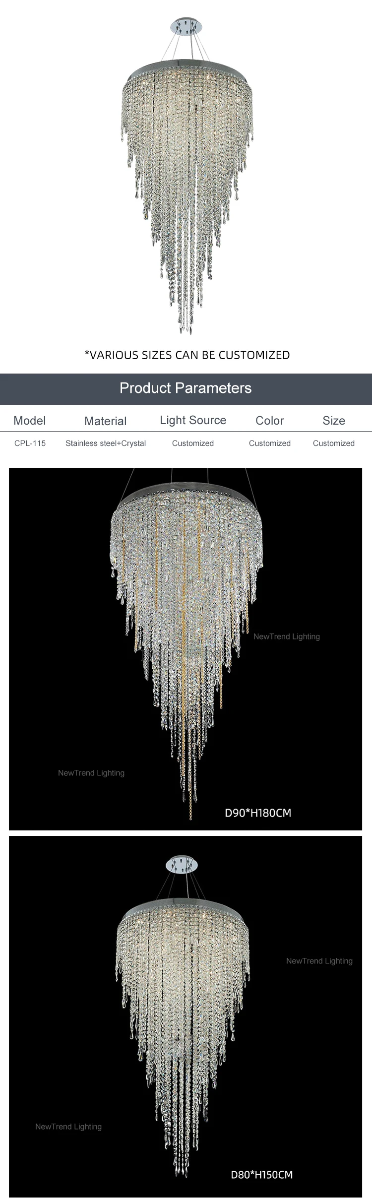 CPL-115 Modern Design Indoor Decoration Hotel Lobby Villa Staircase Luxury Crystal Custom Chandelier details