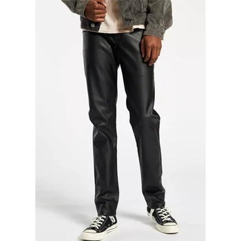DiZNEW Custom Plain Jeans Style Real Leather Mens Black Leather Trouser Pants
