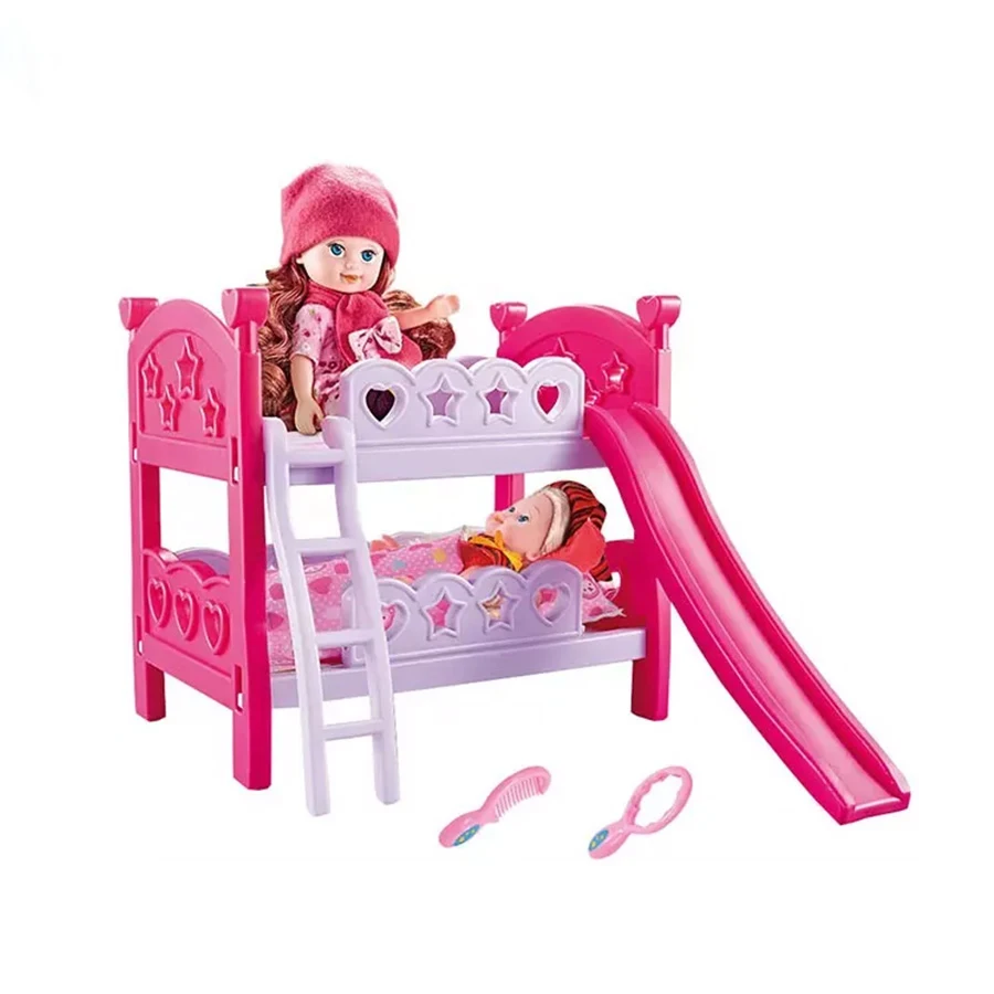 Children Play Game Two 9 Inches Doll with Double Decker Baby Bed Pretend Toys