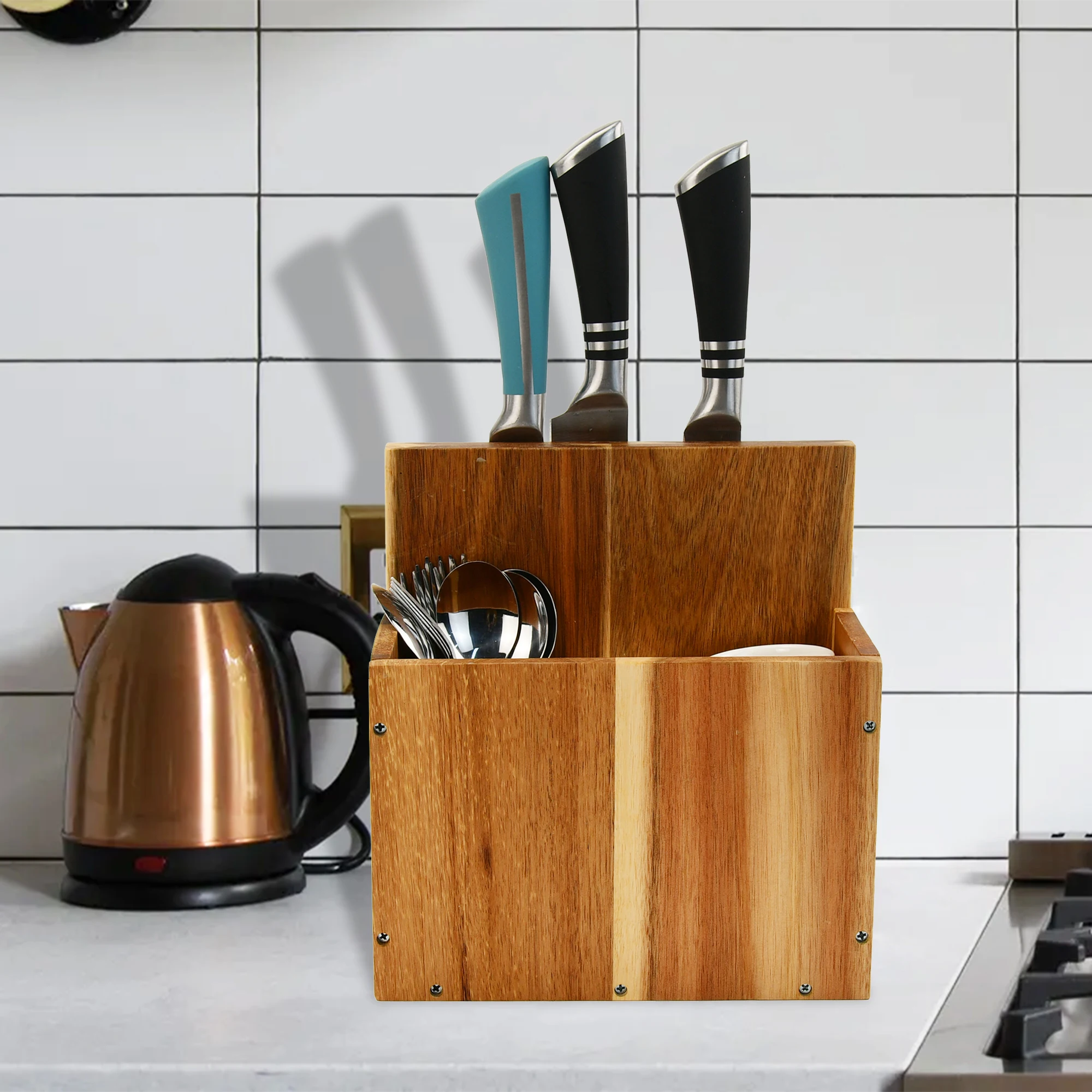 Wholesale Knives Set Acacia Wood Extra-large Stainless Steel Kitchen Utensil Holder with Magnet Knife Block