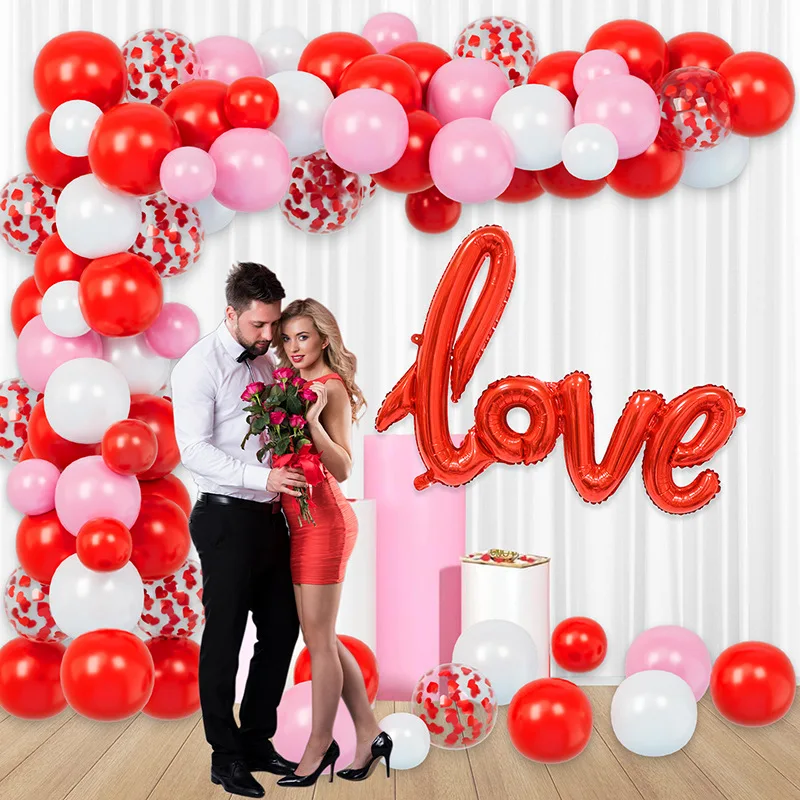 Valentine's Day theme LOVE foil balloon pink red white latex balloon arch kit party decorations