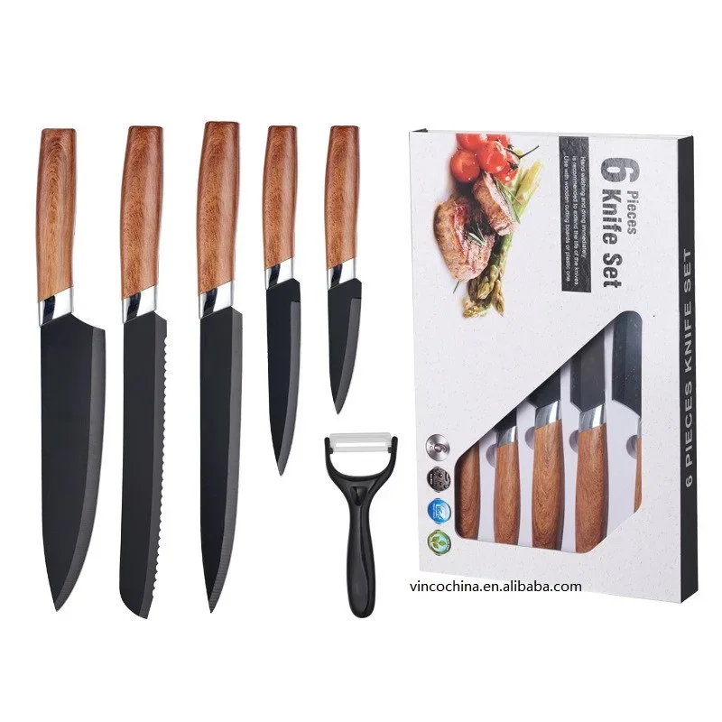 Hot Selling High Quality Stainless Steel 6Pcs Kitchen Knife Set With Peeler Wood Pattern Handle Kitchen Knives