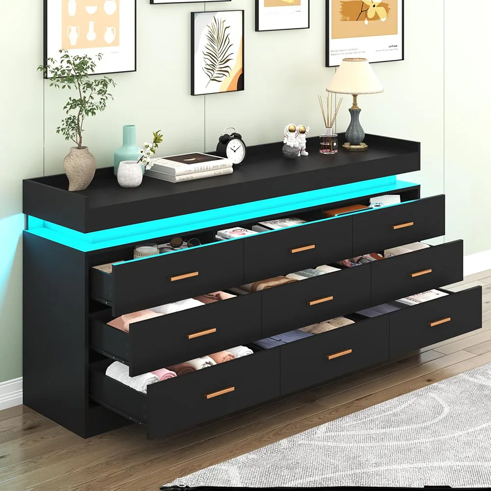 product 9 drawer modern wood dresser with led light charging station black bedroom living room storage cabinet-6