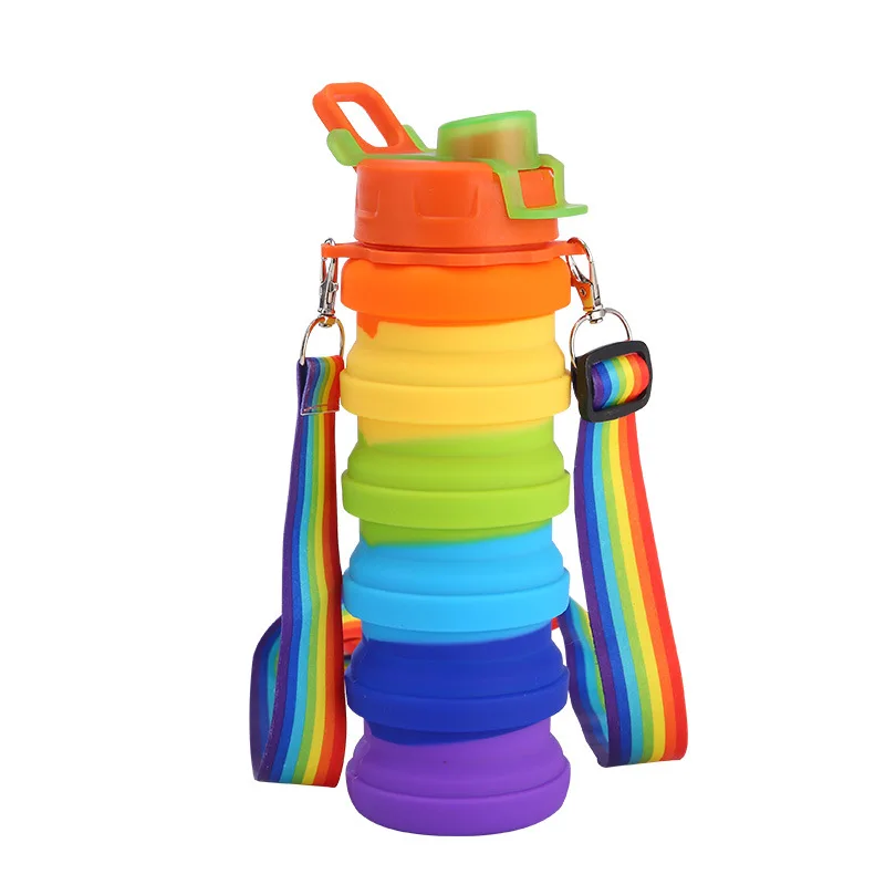 Rainbow Folding Silicone Cup Outdoor Sports Travel Kettle Water Bottles portable with handle