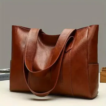 Vintage Retro Vegan Shoulder Bag Large Capacity Women's Casual Handbag for Summer Commute Fashionable Lady Tote Bag