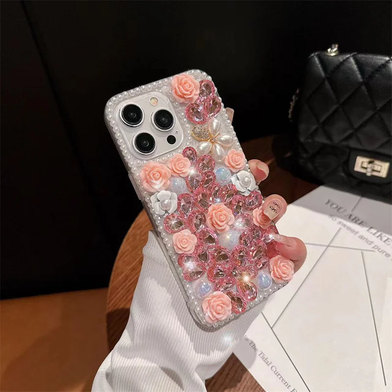 Luxury Diamond Mobile Phone Case For iPhone 15 Pro Max Samsung S24 Rhinestone Glitter Women Pink Rose Flower Pearl Phone Cover