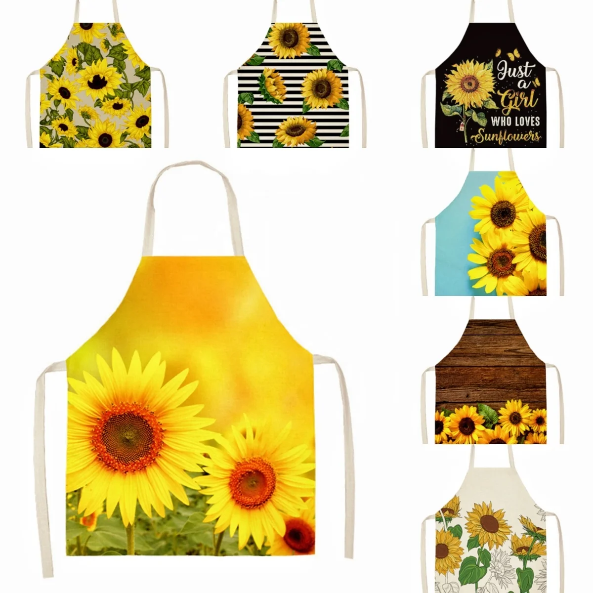 Sunflower printed custom linen adult blank aprons for home cleaning cooking kitchen Women apron chef baking Restaurant Waiter