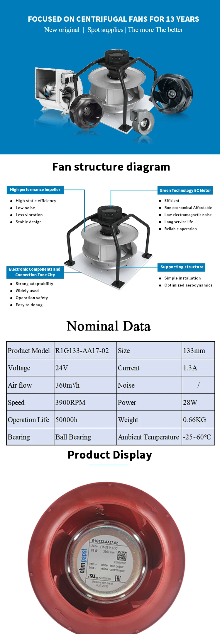 Centrifugal Fan, R1G133-AA17-02, 24V, 1.3A, 133MM - detail 2