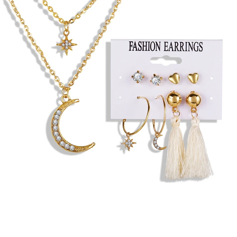 Fashion Cheap Gold Plated Moon And Star Pendant Necklace Tassel Crystal  Heart Earrings Jewelry Set For Women - Buy Gold Plated Jewelry,Moon And  Star