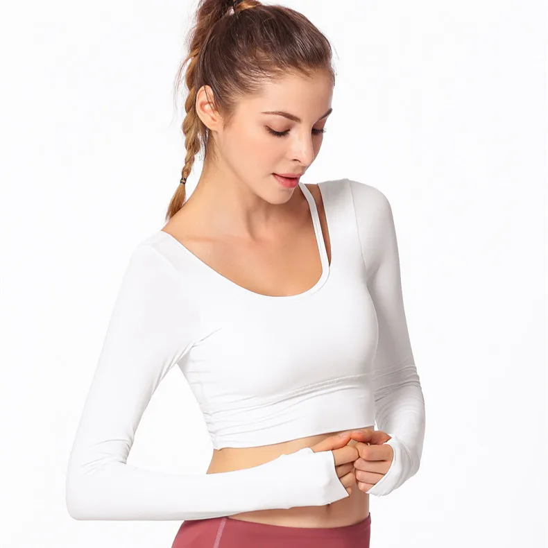Long Sleeve Halter White Cropped Open Back Yoga Crop Top Women