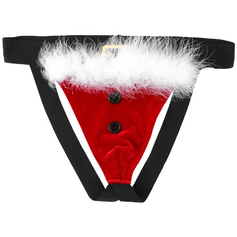 Mens Soft Velvet Elastic Waistband Open Butt Santa Jockstrap G-string Thong Underwear For Christmas
