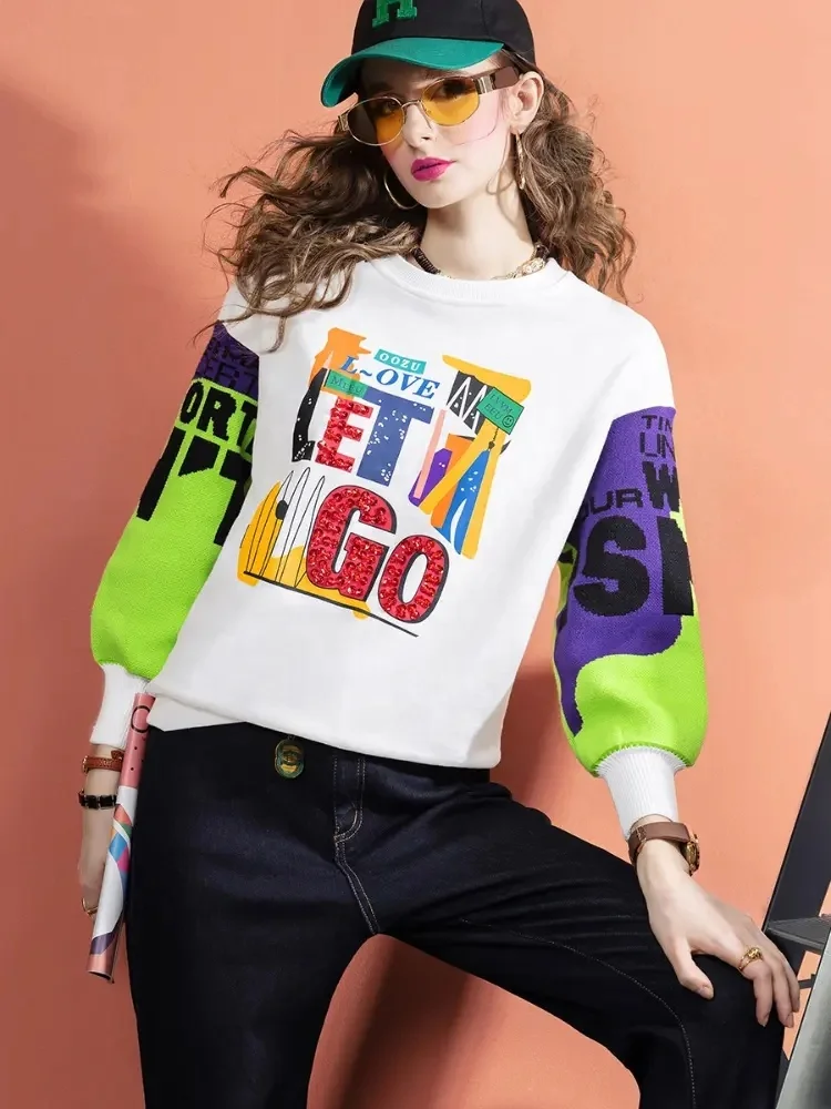 Women's oversized sweatshirt bear pattern cute Los Angeles California youth loose head round neck fashion clothing