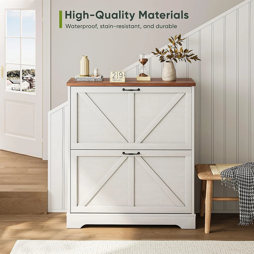 Slim White Farmhouse Shoe Rack Cabinet with 2 Flip Drawers Narrow Entryway Shoe Storage Organizer for Home Furniture manufacture