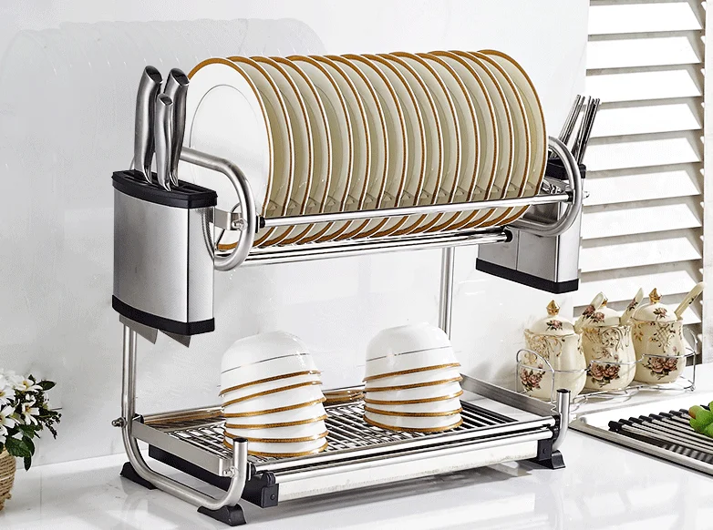 Wholesale 2 Tier Electroplate Eco Friendly 304 Stainless Steel Dish Rack Storage Holder Rack