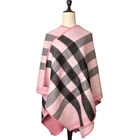 Wool Luxury Design Women 100% Pure Wool Shawls Pink Grid Check Winter Warmer Cloak Cape For Ladies